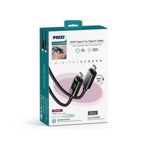 Phixi Ultimate UPD4160T 60W LCD Ekranlı Metal Başlıklı Hasır Örgü Type-C to Type-C Hızlı Şarj ve Data Kablo - Görsel 3