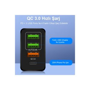 Zuidid Hızlı Şarj PD20W + Qc3.0 USB + 2.4A Çift USB Çoklu Şarj - Görsel 4